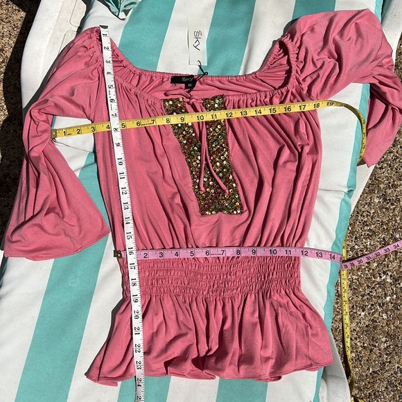 New!! Fall BoHo Sky Embellished Elastic Waist Peasant Top Salmon Pink Size M - Picture 7 of 10